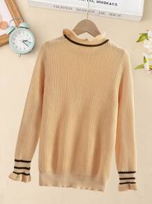 Girls Stripe Trim Frill Jumper - Apricot - View 2
