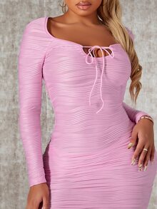 SHEIN SXY 前繫帶素色緊身洋裝 - 粉色 - 查看 4