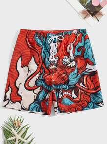 Manfinity 男士中國龍圖案腰部抽繩泳褲 - 彩色 - 查看 1