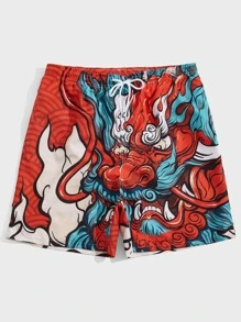 Manfinity 男士中國龍圖案腰部抽繩泳褲 - 彩色 - 查看 6