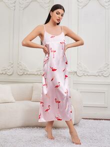 火烈鳥圖案緞面吊帶睡裙 - 淺粉色 - 查看 4