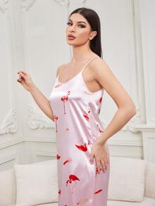 火烈鳥圖案緞面吊帶睡裙 - 淺粉色 - 查看 5
