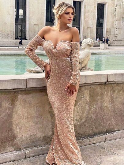 LOVE&LEMONADE Off Shoulder Sweetheart Neck Sequin Dress