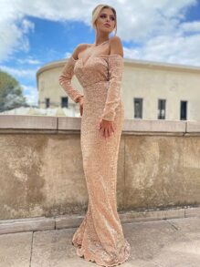 LOVE&LEMONADE 露肩雞心領亮片超長連衣裙