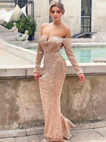 LOVE&LEMONADE 露肩雞心領亮片超長連衣裙