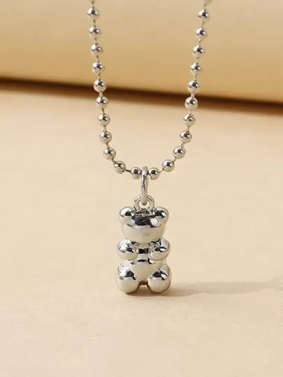 1pc Cute Smooth Bear Necklace With Funny Demon Bat Pendant, Suitable For Women Everyday, Party, Holiday Wear