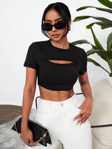 Solid Cut Out Crop Tee - Black - View 1