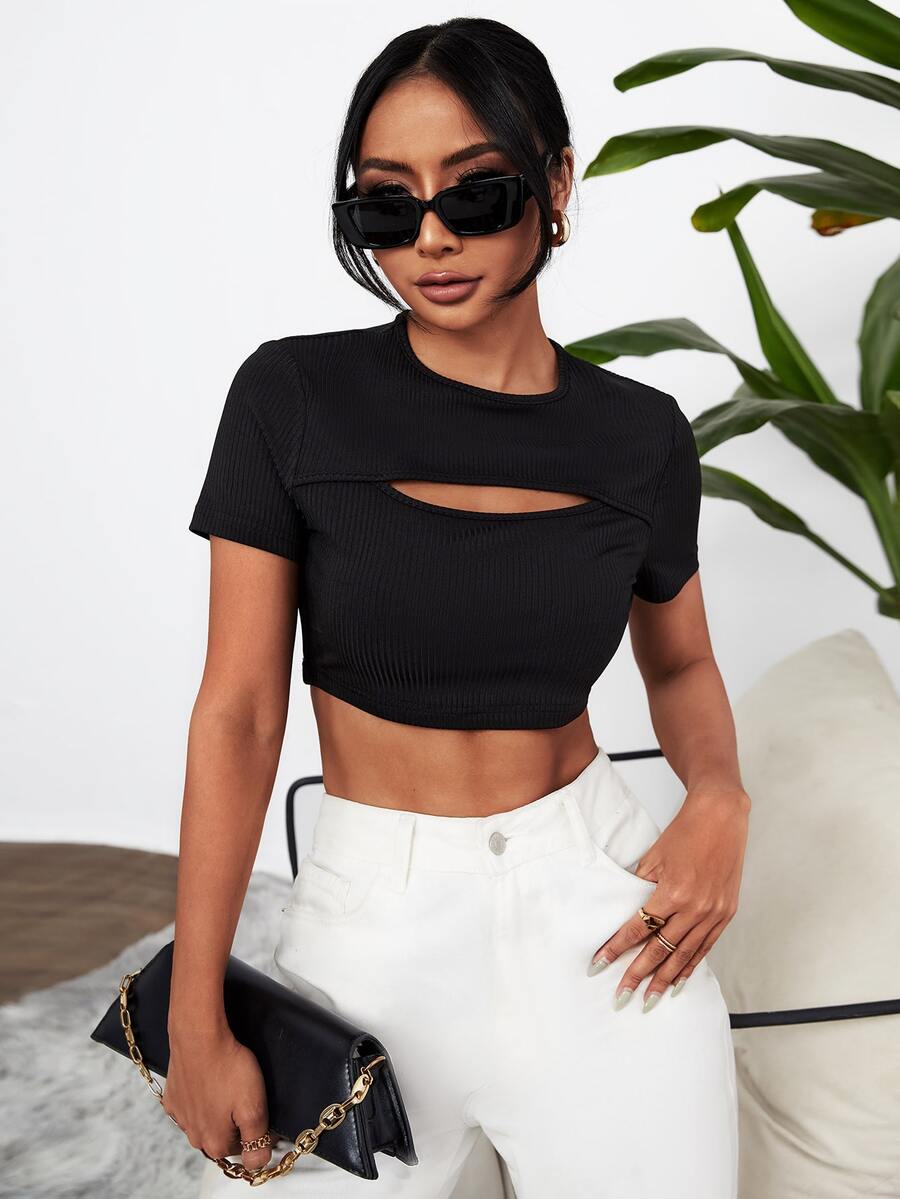 Solid Cut Out Crop Tee - Black - View 1