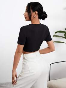 Solid Cut Out Crop Tee - Black - View 2