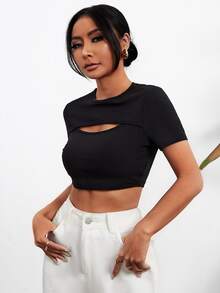 Solid Cut Out Crop Tee - Black - View 3