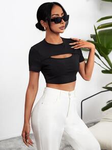 Solid Cut Out Crop Tee - Black - View 5