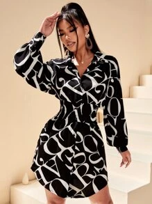 Chiquease 字母圖案燈籠袖打褶襯衫洋裝