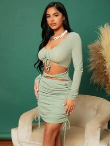 SHEIN SXY Cut Out Waist Drawstring Ruched Bodycon Dress - Mint Green - View 4