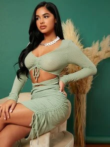 SHEIN SXY Cut Out Waist Drawstring Ruched Bodycon Dress - Mint Green - View 5