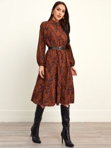 Zebra Stripe Mock Neck Belted Ruffle Hem Dress - Rust Brown - View 1