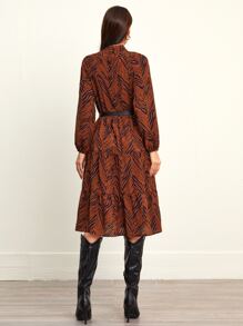 Zebra Stripe Mock Neck Belted Ruffle Hem Dress - Rust Brown - View 2