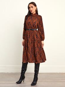 Zebra Stripe Mock Neck Belted Ruffle Hem Dress - Rust Brown - View 3