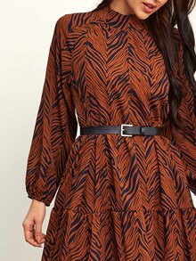 Zebra Stripe Mock Neck Belted Ruffle Hem Dress - Rust Brown - View 4