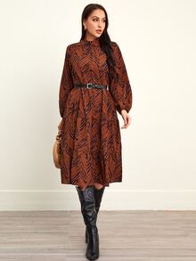 Zebra Stripe Mock Neck Belted Ruffle Hem Dress - Rust Brown - View 5