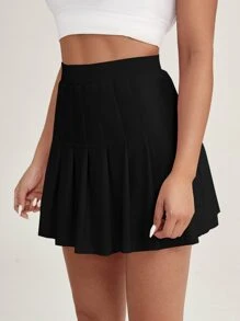 SHEIN Sports Pleated Overlay Sports Skort With Phone Pocket - Black - View 3