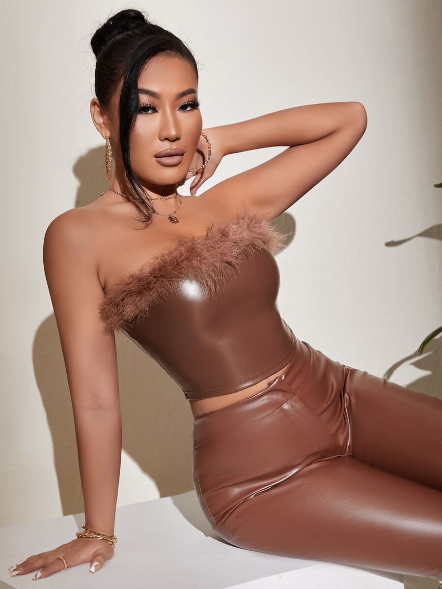SHEIN Allurite 毛茸茸邊短款PU皮革抹胸上衣 - 咖啡棕 - 查看 1