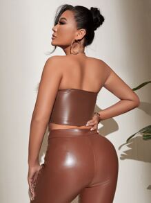 SHEIN Allurite 毛茸茸邊短款PU皮革抹胸上衣 - 咖啡棕 - 查看 2