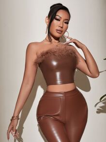 SHEIN Allurite 毛茸茸邊短款PU皮革抹胸上衣 - 咖啡棕 - 查看 3