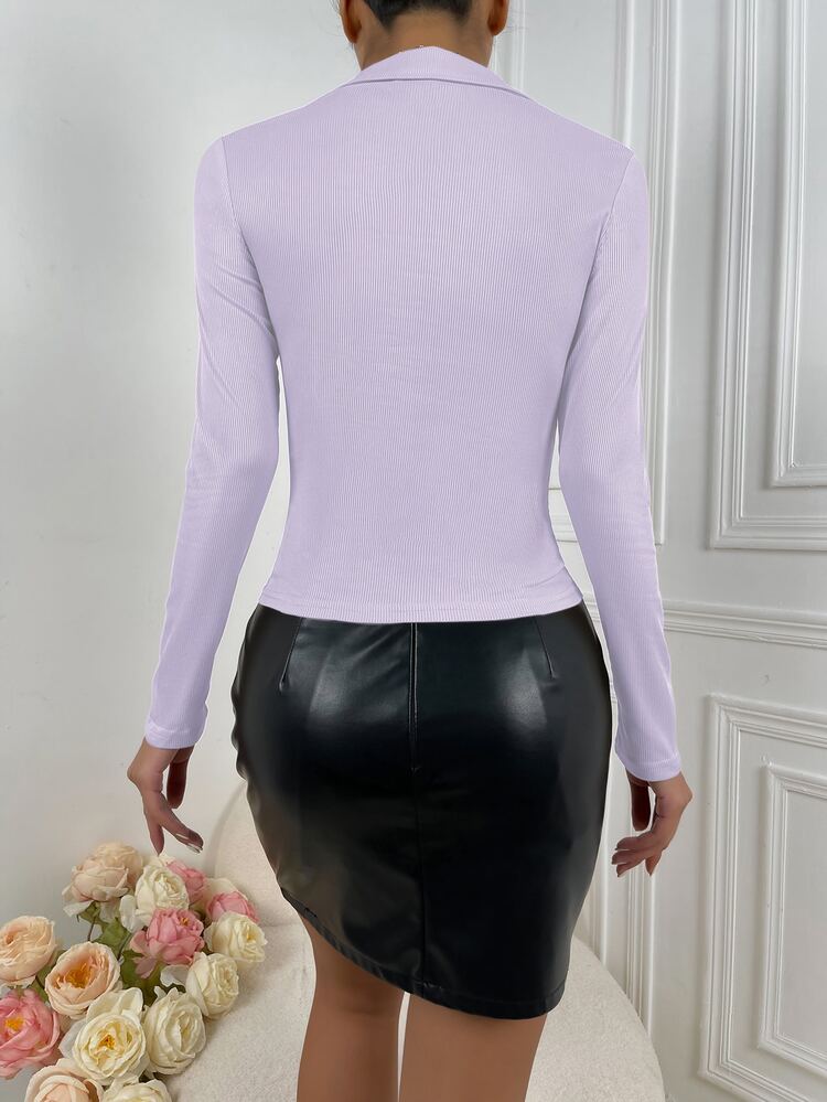 SHEIN Essnce Solid Half Button Rib-knit Tee - Lilac Purple - View 2