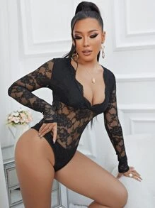 Sheer Plunge Neck Lace Bodysuit - Black - View 5