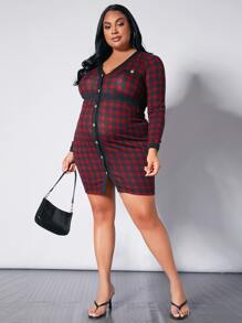 SHEIN Grossesse Plus Robe Moulante À Carreaux À Bouton