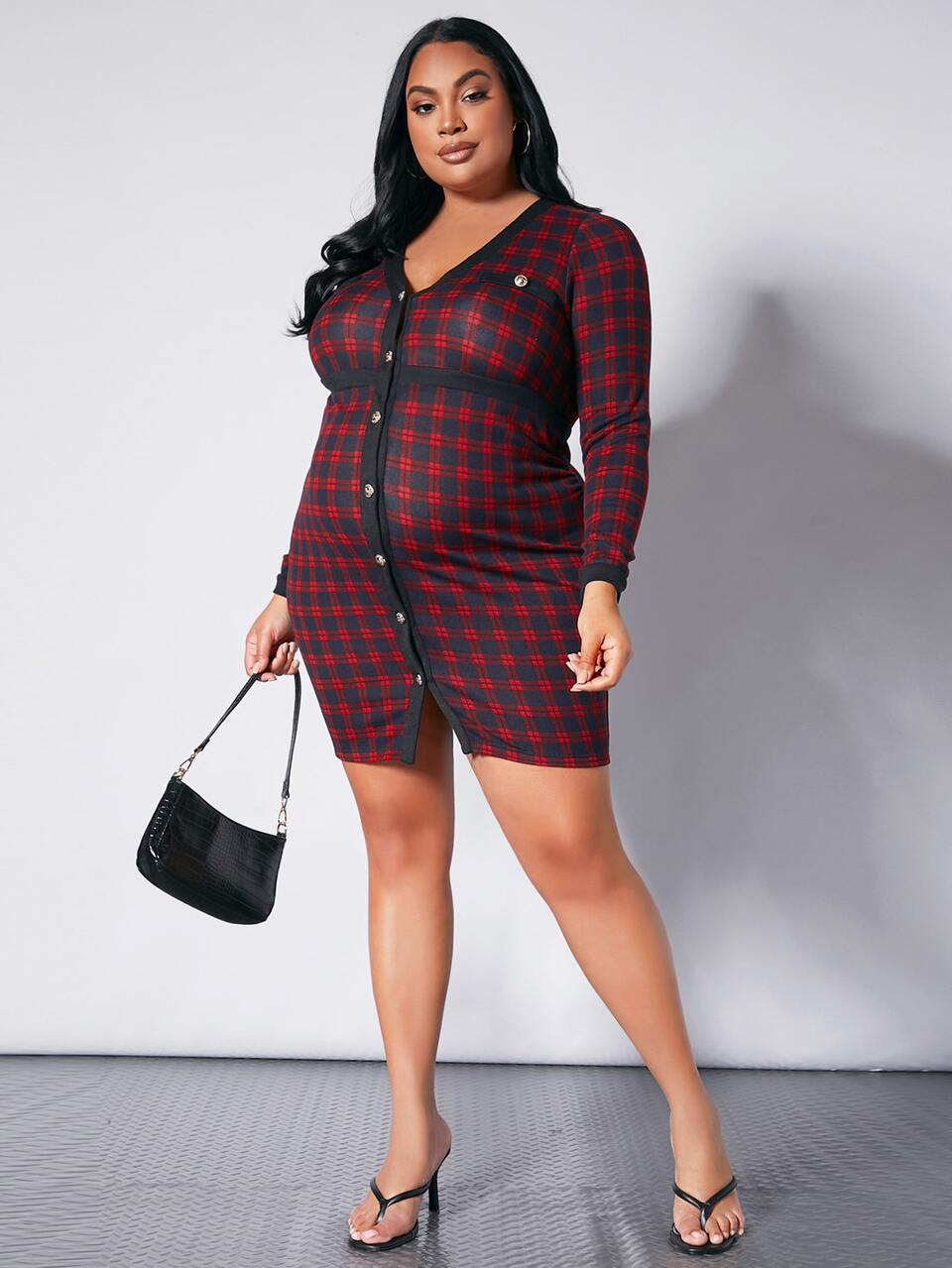 Maternity Plus Plaid Print Button Front Bodycon Dress