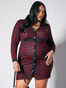 SHEIN Grossesse Plus Robe Moulante À Carreaux À Bouton