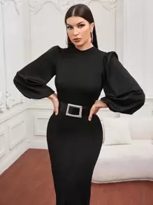 Modelyn Puff Sleeve Bodycon Dress Without Belt - Black - View 1