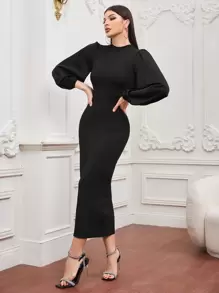 Modelyn Puff Sleeve Bodycon Dress Without Belt - Black - View 3