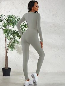 大圓領素色連身背心帶緊身打底褲 - 淺灰色 - 查看 4