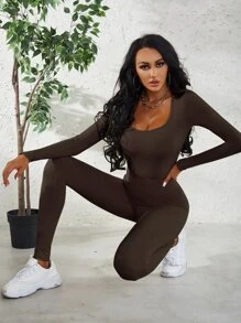 Scoop Neck Bodysuit & Leggings Set - Chocolate Brown - View 4