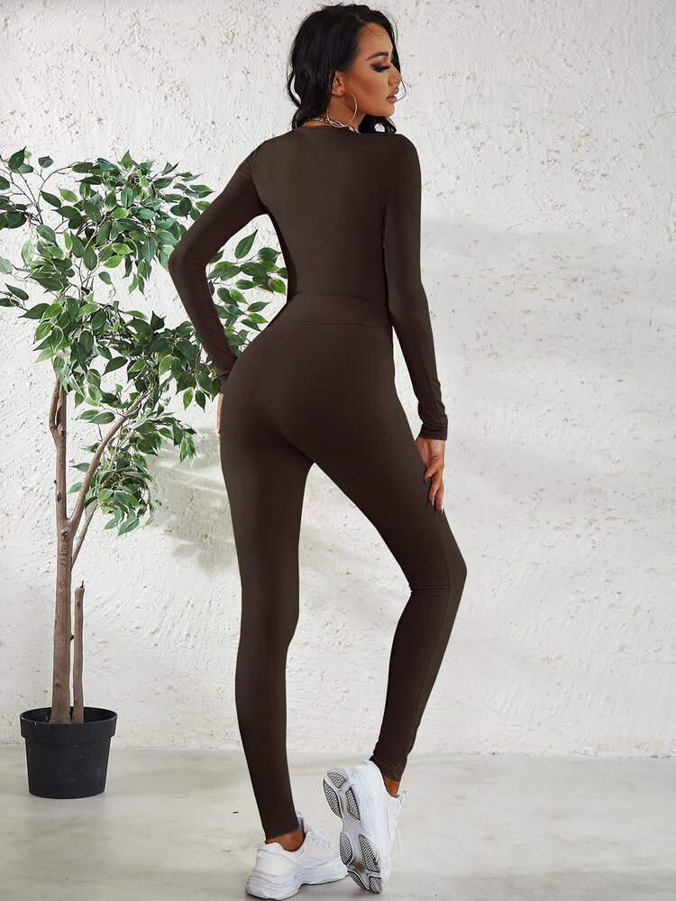 Scoop Neck Bodysuit & Leggings Set - Chocolate Brown - View 6