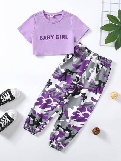 Toddler Girls Letter Graphic Tee & Camo Print Joggers