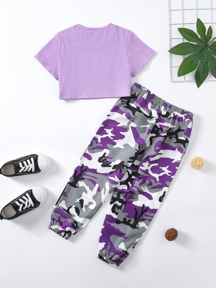 Fille à lettres T-shirt & à imprimé camouflage Pantalon de jogging - Multicolore - Voir 2