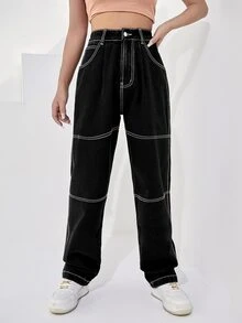 Jeans de talle alto con bordado de letra con puntada - Negro - Ver 2