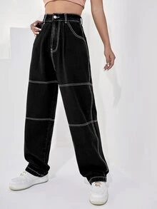 Jeans de talle alto con bordado de letra con puntada - Negro - Ver 4