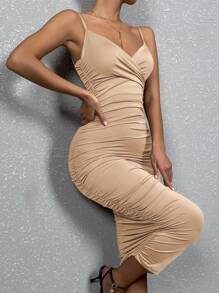 Solid Ruched Bodycon Cami Dress - Khaki - View 3