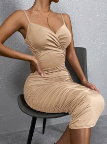 Solid Ruched Bodycon Cami Dress - Khaki - View 4