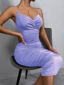 Solid Ruched Bodycon Cami Dress - Violet Purple - View 3