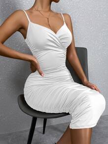 Solid Ruched Bodycon Cami Dress - White - View 3