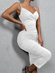 Solid Ruched Bodycon Cami Dress - White - View 4