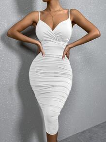 Solid Ruched Bodycon Cami Dress - White - View 5
