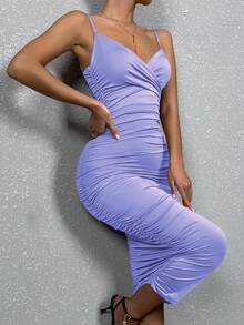 Solid Ruched Bodycon Cami Dress - Violet Purple - View 5