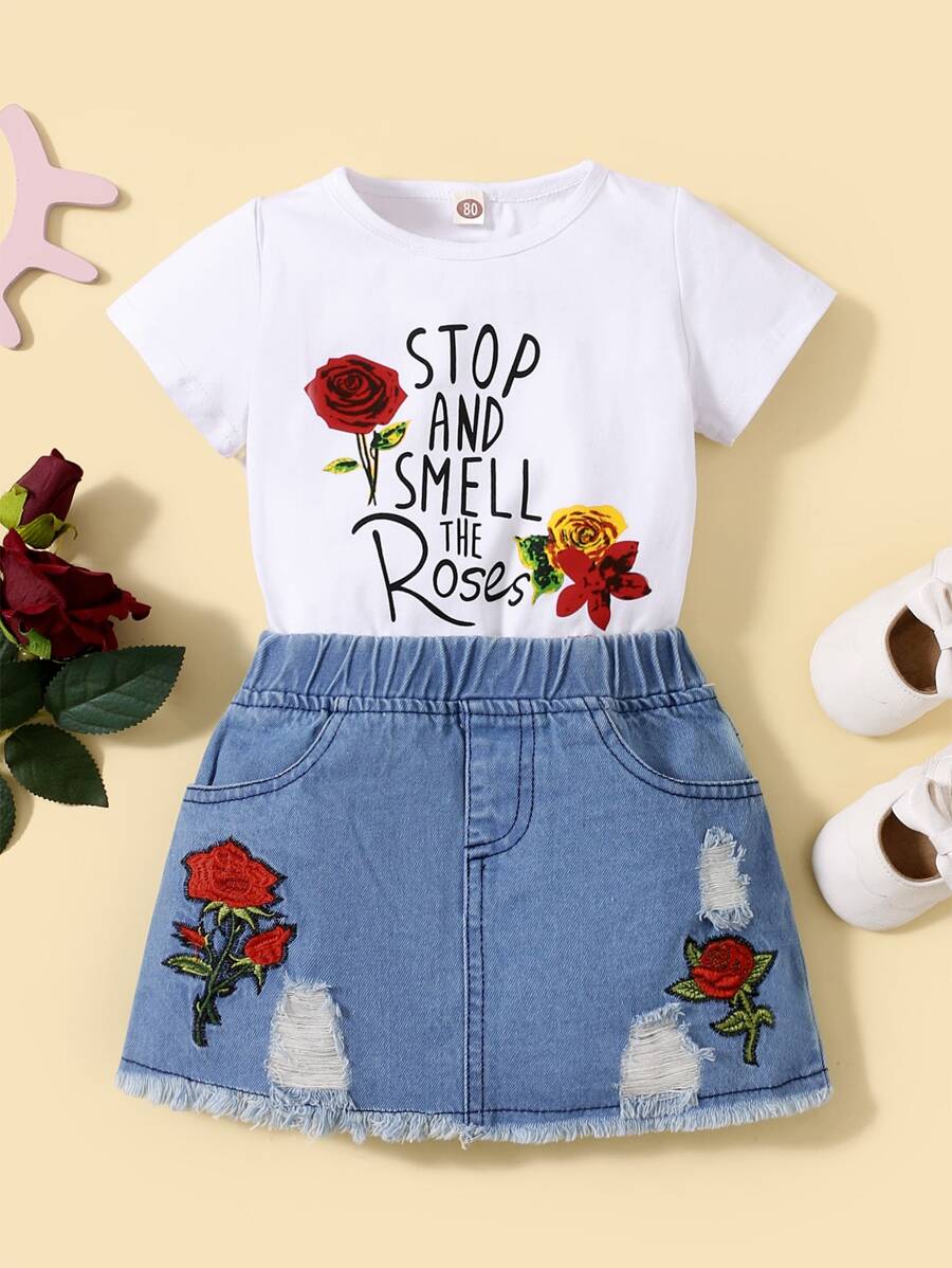 Baby Girl Slogan Graphic Tee With Appliques Ripped Raw Hem Denim Skirt - Blue and White - View 1