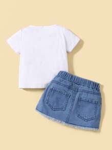 Baby Girl Slogan Graphic Tee With Appliques Ripped Raw Hem Denim Skirt - Blue and White - View 2